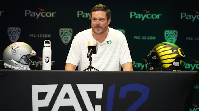 Jul 29, 2022; Los Angeles, CA, USA; Oregon Ducks coach Dan Lanning speaks during Pac-12 Media Day at Novo Theater.