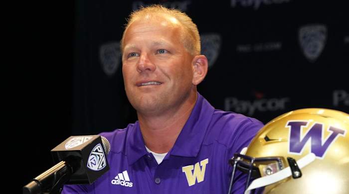 Jul 29, 2022; Los Angeles, CA, USA; Washington Huskies coach Kalen DeBoer speaks during Pac-12 Media Day at Novo Theater.