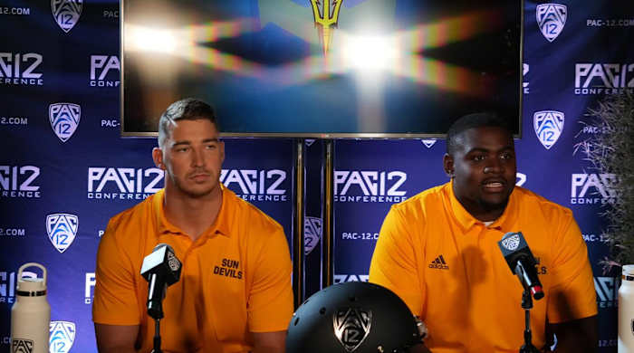 Jul 29, 2022; Los Angeles, CA, USA; Arizona State Sun Devils linebacker Kyle Soelle (left) and lineman LaDarius Henderson during Pac-12 Media Day at Novo Theater.