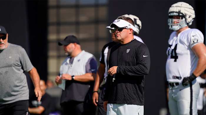 Jul 28, 2022; Las Vegas, Nevada, US; Las Vegas Raiders head coach Josh McDaniels watches a play during training camp at Intermountain Healthcare Performance Center.