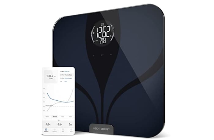Greater Goods Digital Smart Scale next to a screenshot of the Greater Goods smart scale app
