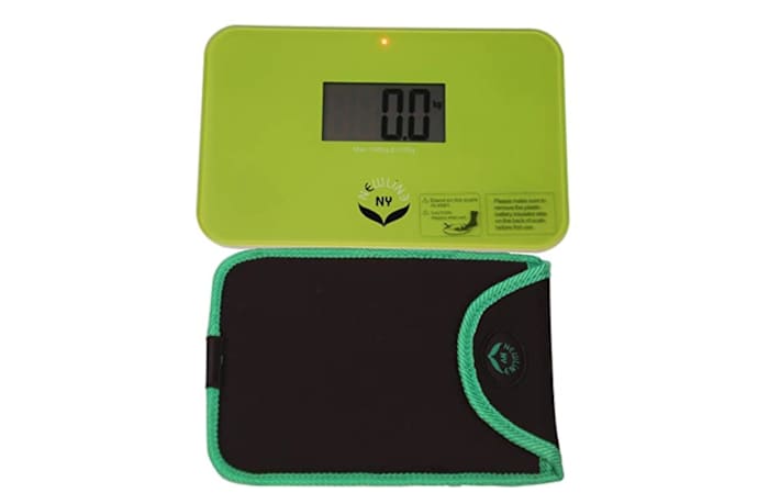 Newline NY Travel bathroom scale in green with a black travel case