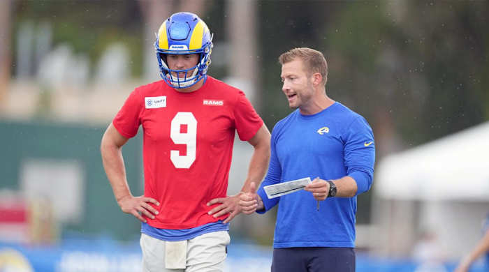 Jul 31, 2022; Irvine, CA, USA; Los Angeles Rams coach Sean McVay (left) and quarterback Matthew Stafford (9) during training camp at UC Irvine.