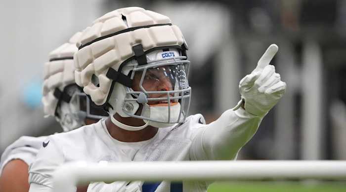 Indianapolis Colts running back Jonathan Taylor (28) points during a drill at training camp Wednesday, July 27, 2022, at Grand Park Sports Campus in Westfield, Ind.