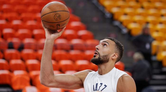 Apr 21, 2022; Salt Lake City, Utah, USA; Utah Jazz center Rudy Gobert (27) shoots the ball before the game against the Dallas Mavericks at Vivint Arena.