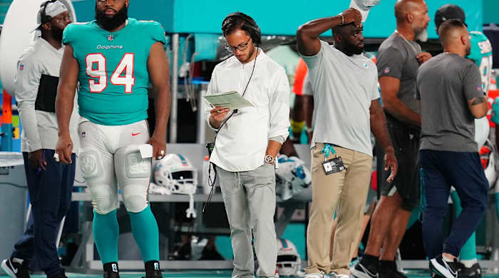 Aug 20, 2022; Miami Gardens, Florida, USA; Miami Dolphins head coach Mike McDaniel on the sidelines during a preseason game against the Las Vegas Raiders at Hard Rock Stadium.