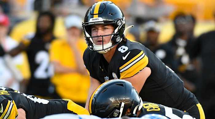 Pittsburgh Steelers quarterback Kenny Pickett (8) call signals at the line of scrimmage as he plays against the Detroit Lions during the second half of an NFL preseason football game, Sunday, Aug. 28, 2022, in Pittsburgh.