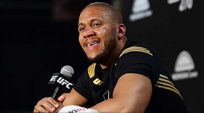Jan 22, 2022; Anaheim, California, USA; Ciryl Gane speaks with media following UFC 270 at Honda Center.