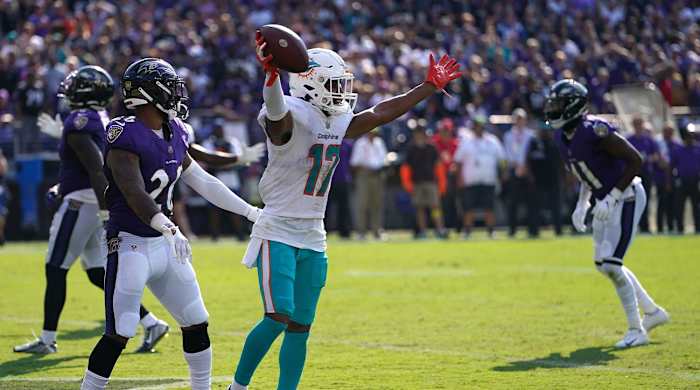Sep 18, 2022; Baltimore, Maryland, USA; Miami Dolphins wide receiver Jaylen Waddle (17) reacts after his game-winning touchdown catch in the fourth quarter against the Baltimore Ravens at M&T Bank Stadium.