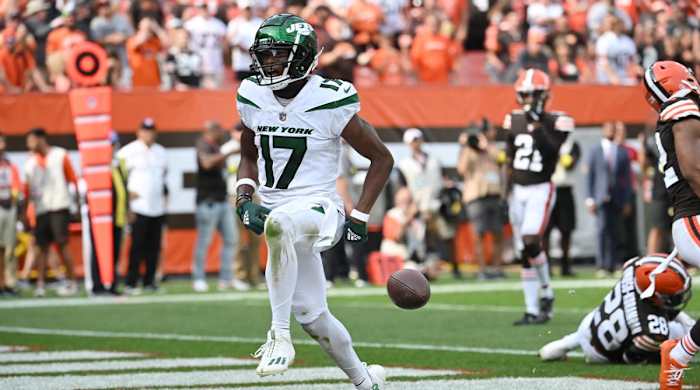 Sep 18, 2022; Cleveland, Ohio, USA; New York Jets wide receiver Garrett Wilson (17) celebrates after catching a touchdown during the fourth quarter against the Cleveland Browns at FirstEnergy Stadium.