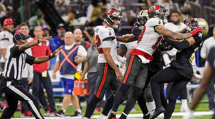 Sep 18, 2022; New Orleans, Louisiana, USA; New Orleans Saints cornerback Marshon Lattimore (23) and safety Marcus Maye (6) get into a penalty with Tampa Bay Buccaneers wide receiver Mike Evans (13) and they are ejected after the play during the second half at Caesars Superdome.