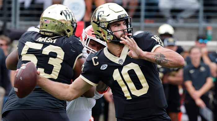 Sep 24, 2022; Winston-Salem, North Carolina, USA; Wake Forest Demon Deacons quarterback Sam Hartman (10) throws a pass during the second half against the Clemson Tigers at Truist Field.