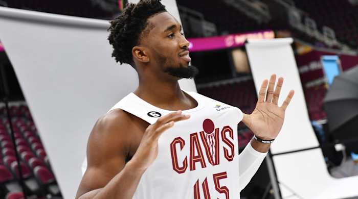 Sep 26, 2022; Cleveland, OH, USA; Cleveland Cavaliers guard Donovan Mitchell (45) poses for a photo during media day at Rocket Mortgage FieldHouse.