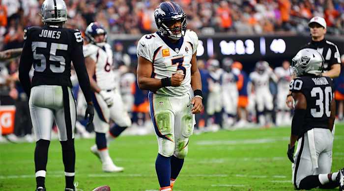 Oct 2, 2022; Paradise, Nevada, USA; Denver Broncos quarterback Russell Wilson (3) celebrates his touchdown scored against the Las Vegas Raiders during the second half at Allegiant Stadium.