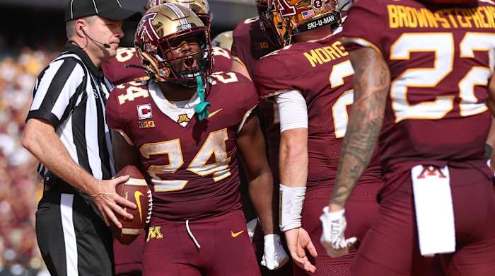 Sep 17, 2022; Minneapolis, Minnesota, USA; Minnesota Golden Gophers running back Mohamed Ibrahim (24) celebrates a touchdown against the Colorado Buffaloes during the second quarter at Huntington Bank Stadium.