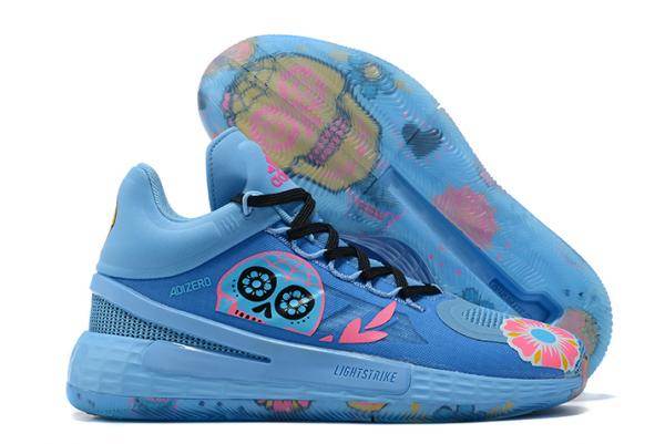 View of Derrick Rose's blue and black shoes.