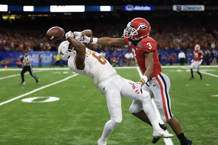 Georgia defensive back Tyson Campbell defends a receiver during the Allstate Sugar Bowl between the University of Georgia and the University of Texas in Mercedes Benz Superdome in New Orleans, Louisiana on Tues., Jan. 1, 2019. (Photo by Lauren Tolbert)