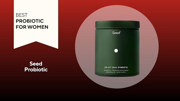A red and black background with a white banner that reads Best Probiotic for Women next to a green container of Seed probiotics