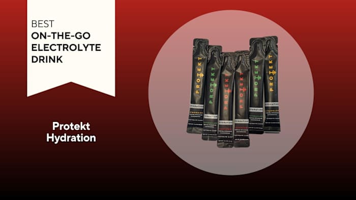 A red and black background with a white banner that says Best On-the-go electrolyte drink next to samples of Protekt Hydration on-the-go packets