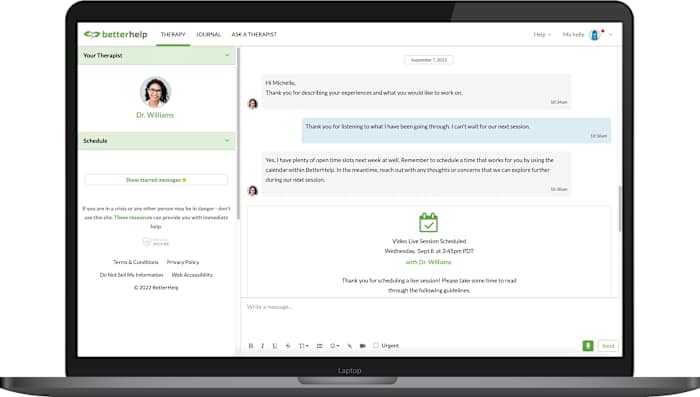 laptop showing an example of a conversation with a BetterHelp provider