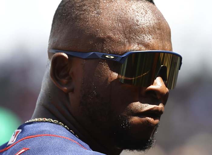 Mar 17, 2022; Fort Myers, Florida, USA; Minnesota Twins first baseman Miguel Sano (22) looks on against the Boston Red Sox at JetBlue Park at Fenway South.