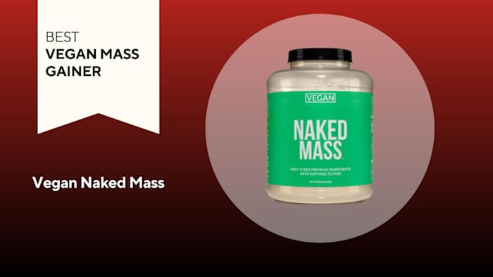A tub of Vegan Naked Mass mass gainer.