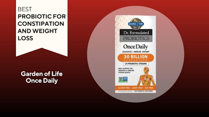A red and black background with a white banner that reads Best Probiotic for Constipation and Weight Loss next to an image of Garden of Life Doctor formulated Once Daily probiotics