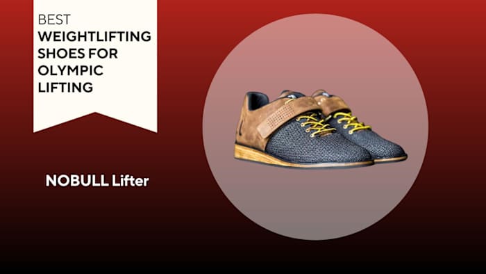 A pair of NOBULL Lifter workout shoes, black with brown trim.