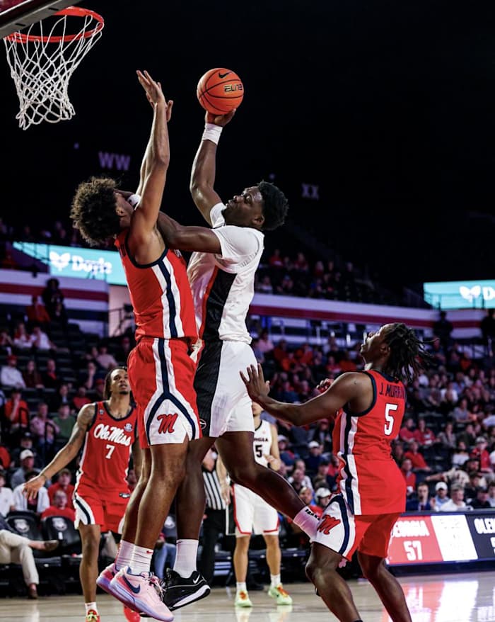 Georgia center Russel Tchewa during Georgia’s game against Ole Miss at Stegeman Coliseum in Athens, Ga., on Tuesday, Mar. 5, 2024. (Cassie Baker/UGAAA)