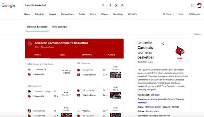 A Google search for Louisville basketball.