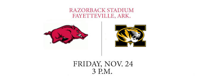 A graphic showing the Arkansas and Missouri logo with the game's location, date and time.