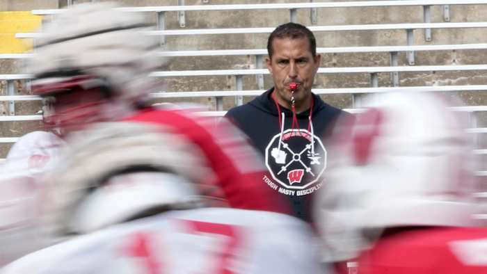 Wisconsin head coach Luke Fickell watches a drill