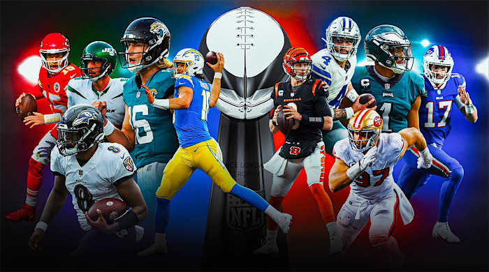 A collage with pictures of Patrick Mahomes, Lamar Jackson, Aaron Rodgers, Trevor Lawrence, Justin Herbert, Joe Burrow, Dak Prescott, Joey Bosa, Jalen Hurts and Josh Allen in front of the Lombardi Trophy.