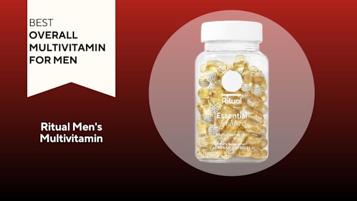 A bottle of Ritual Essential for Men Multivitamin against a red background