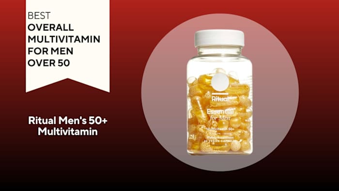 A red background with a white banner that says, "Best Overall Multivitamin for Men Over 50" next to a clear bottle that says Ritual Essential for Men 50+ with gold capsules inside
