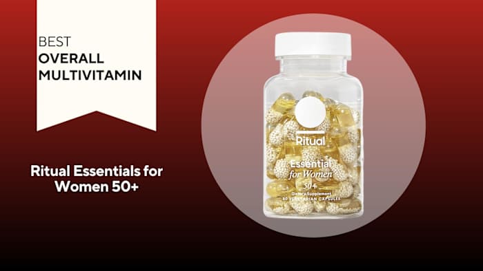 A bottle of Ritual Essential for Women 50+ multivitamin against a red background