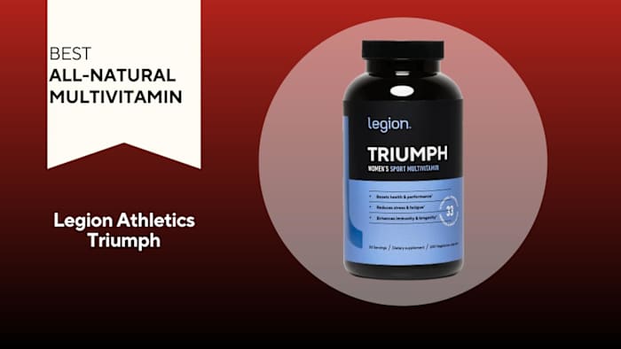 A red background with a white banner that says, "Best All-Natural Multivitamin" next to a black and purple bottle of Legion Triumph Women's Sport Multivitamin