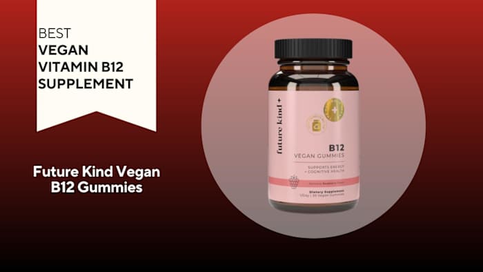 A red background with a white banner that says, "Best Vegan Vitamin B12 Supplement" next to an and light pink container that says Future Kind B12 Vegan Gummies in black font