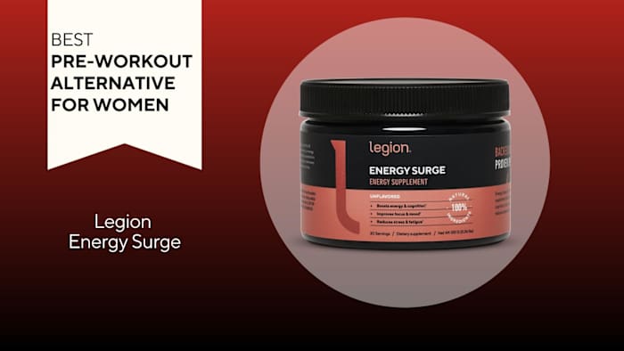 A red background with a white banner that says, "Best Pre-Workout Alternative for Women" next to a black and coral colored container that says Legion Energy Surge in white font