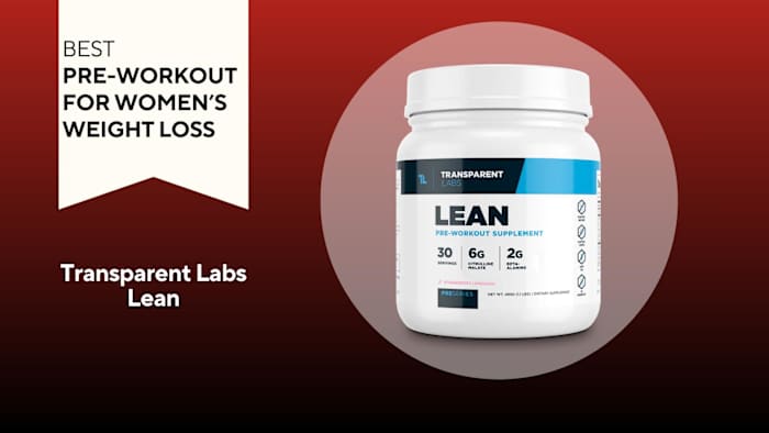 A red background with a white banner that says, "Best Women's Pre-Workout for Maintaining Muscle Mass" next to a white, black, and teal container that says Transparent Labs Lean in black font
