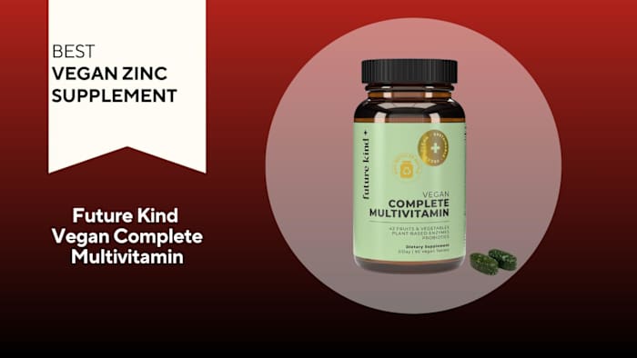 A red background with a white banner that says, "Best Vegan Zinc Supplement" next to an amber and sage green container that says Future Kind Vegan Complete Multivitamin in black font