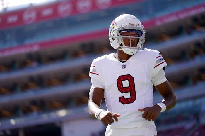 Arizona Cardinals quarterback Joshua Dobbs (9) warms up before the start of the game against the San Francisco 49ers at Levi's Stadium. Mandatory Credit: Cary Edmondson-USA TODAY Sports