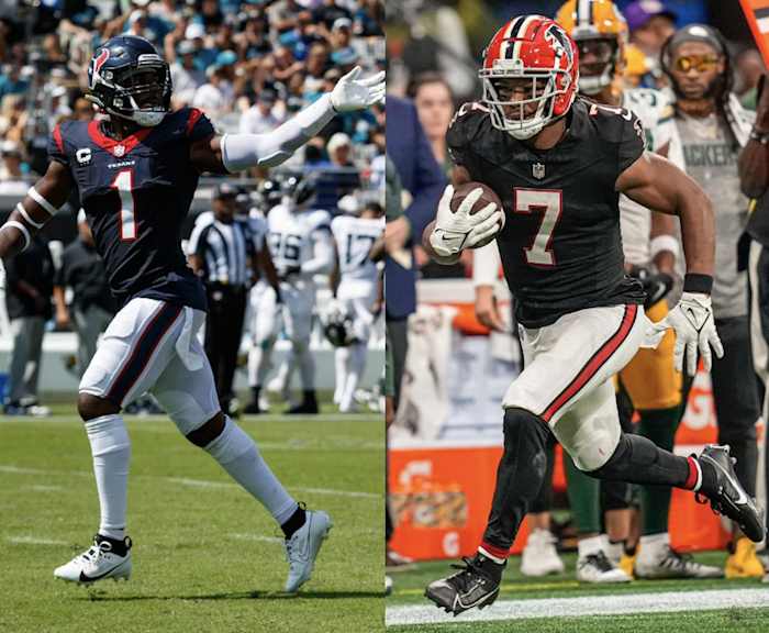 Houston Texans safety Jimmie Ward (1) and Atlanta Falcons running back Bijan Robinson (7).