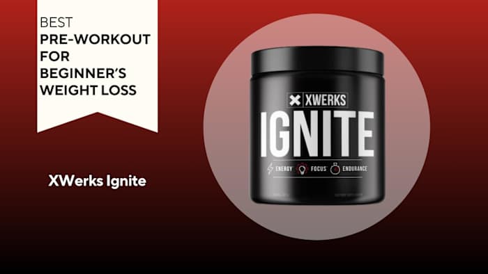 A red background with a banner reading "Best Pre-Workout for Beginner's Weight Loss" next to a black container that says XWerks Ignite in white text
