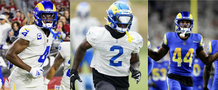 Los Angeles Rams defensive backs Jordan Fuller (4), Russ Yeast (2) and Ahkello Witherspoon (44)