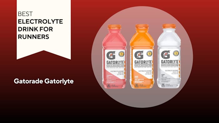 A red background with a banner reading "Best Electrolyte Drink for Runners" next to three orange, white, and pink bottles of Gatorade Gatorlyte electrolyte drink