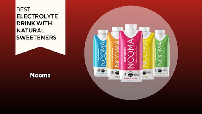 A red background with a banner reading "Best Electrolyte Drink with Natural Sweeteners" next to five orange, blue, pink, yellow, and green bottles of Nooma electrolyte drink