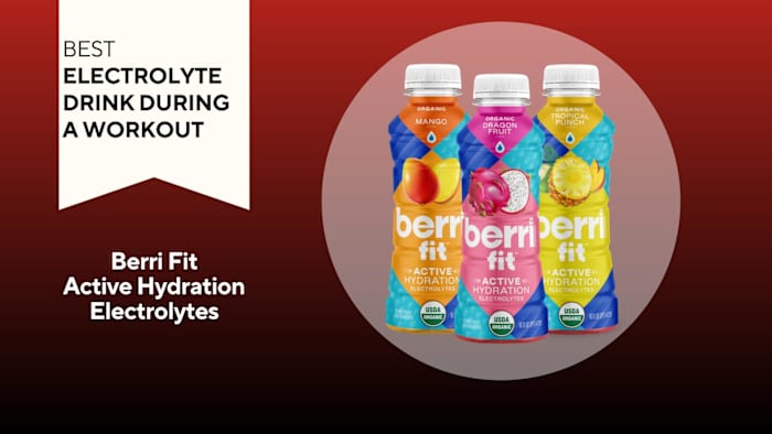 A red background with a banner reading "Best Electrolyte Drink During a Workout" next to three orange, yellow, pink, and blue bottles of Berri Fit Active Hydration electrolyte drink