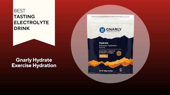 A red background with a banner reading "Best Tasting Electrolyte Drink" next to a black, white, and orange bag of Gnarly Hydrate electrolyte drink