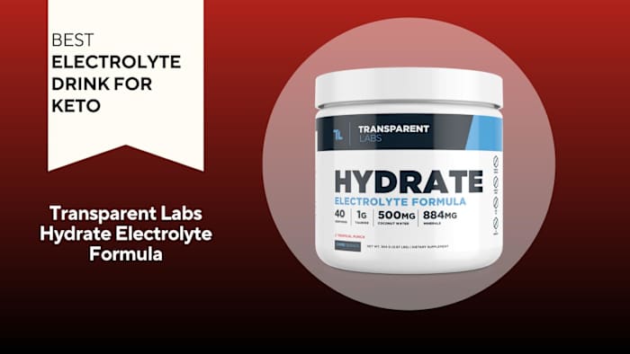 A red background with a banner reading "Best Electrolyte Drink for Keto" next to a white bottle of Transparent Labs Hydrate Electrolyte Formula
